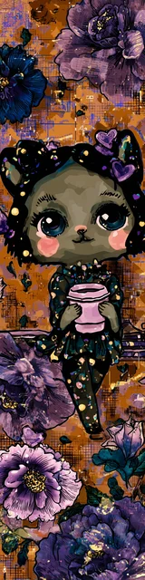 Free kawaii cats bookmark featuring an orange and purple cat with coffee